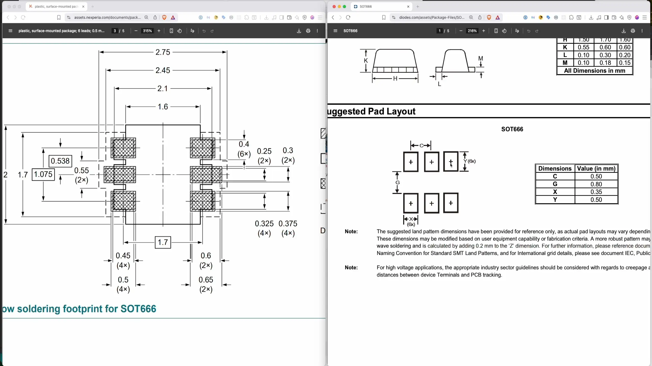 Different SOT666 footprints from different manufacturers