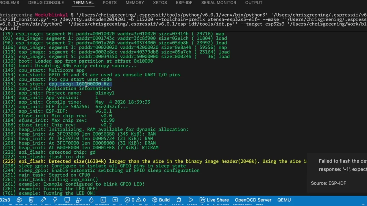 First boot - 160 MHz CPU and a flash size mismatch warning
