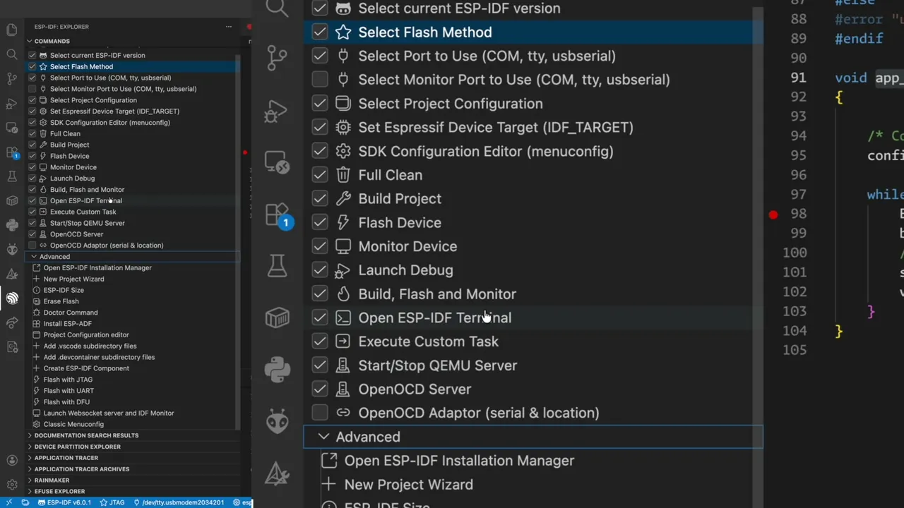 Flash method menu in the ESP-IDF Explorer