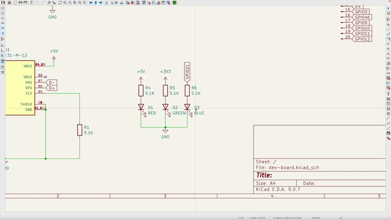 KiCad schematic showing the LED on GPIO21